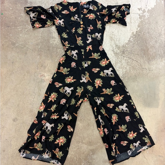 Hell Bunny Pants - Hell Bunny Black Floral Jumpsuit retro